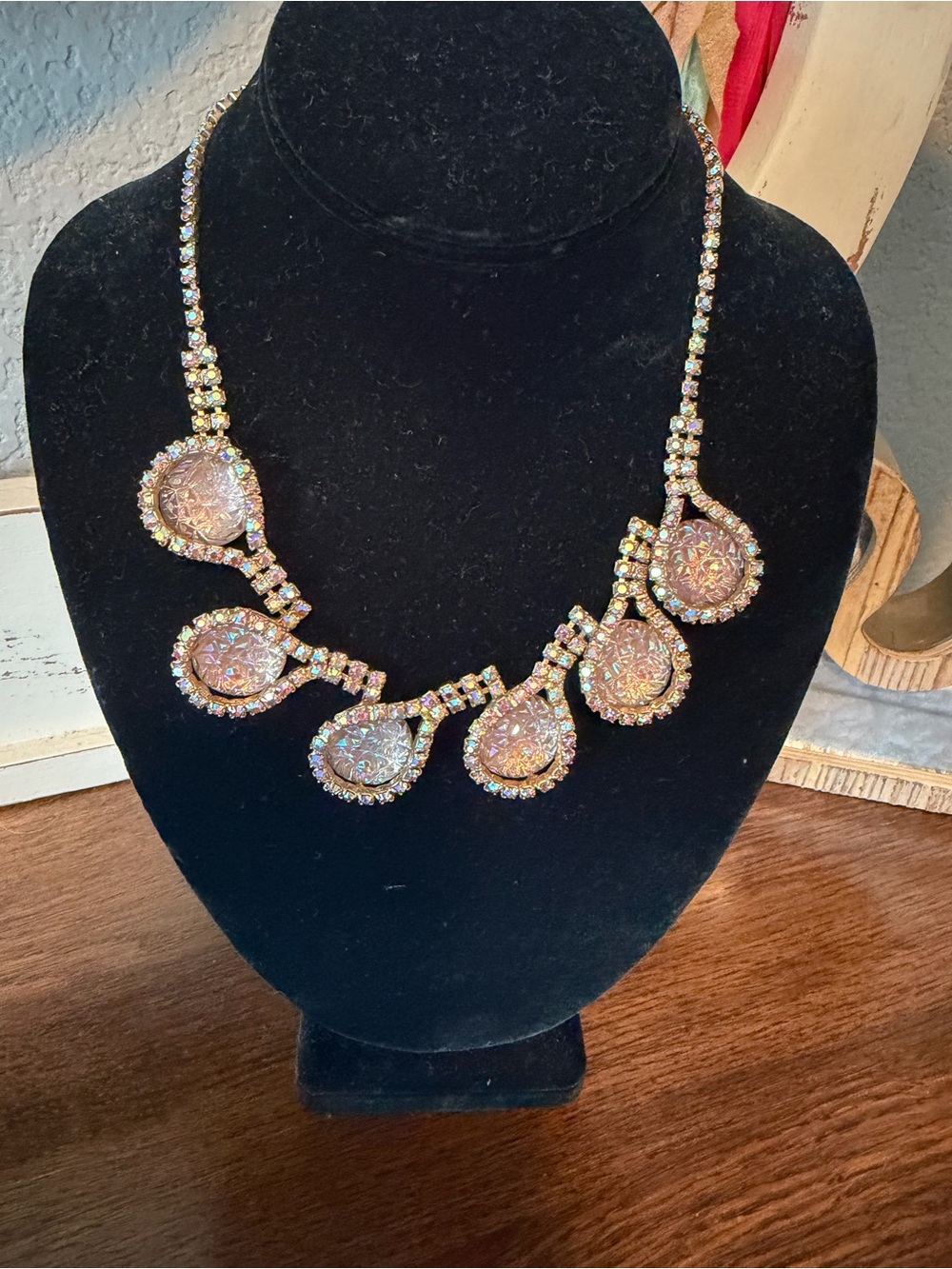Vintage Gold and Pink Iridescent Teardrop Necklace